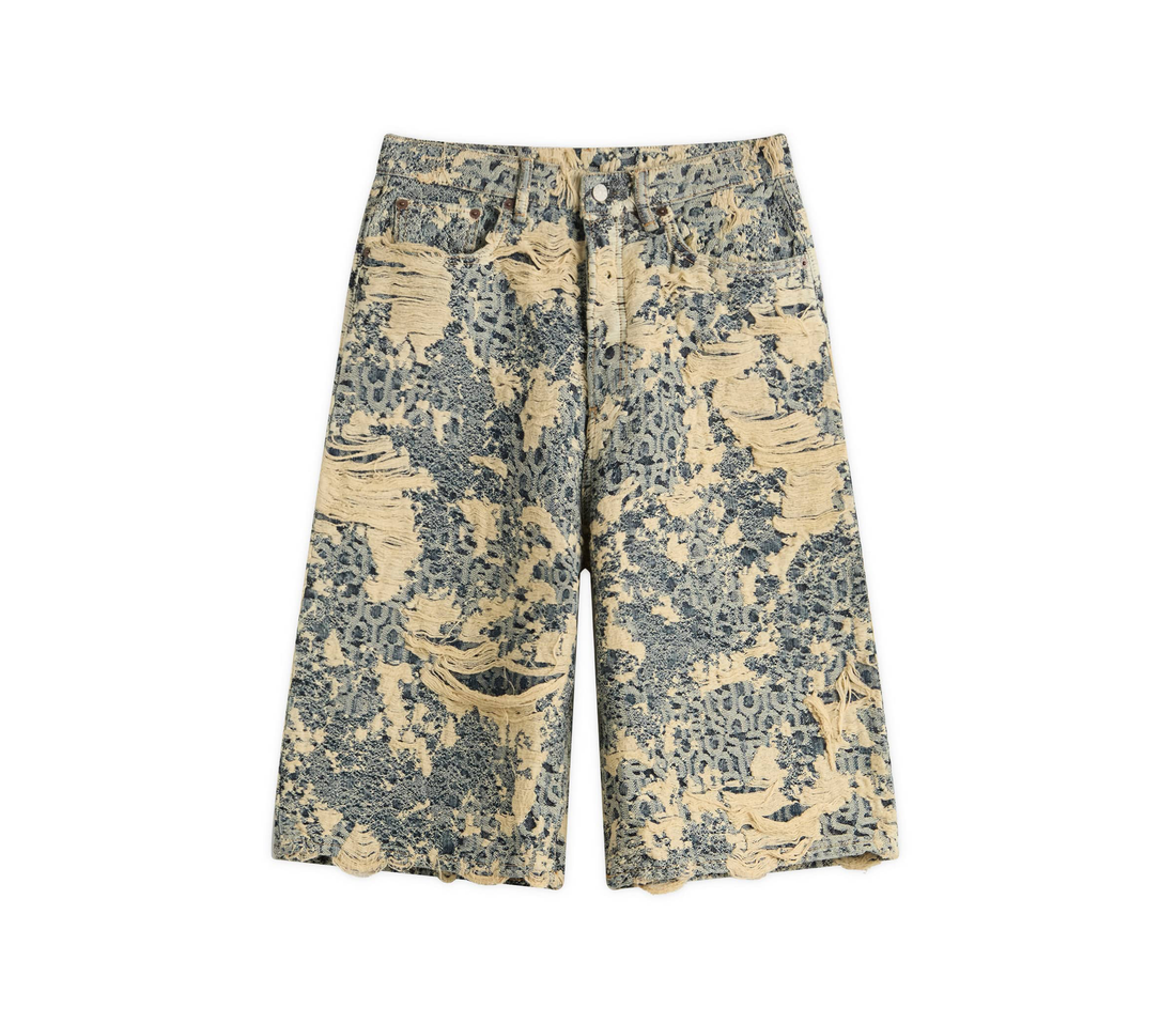 Acne Studios 'Straight-Leg Logo-Jacquard' Distressed Denim Shorts (Blue)