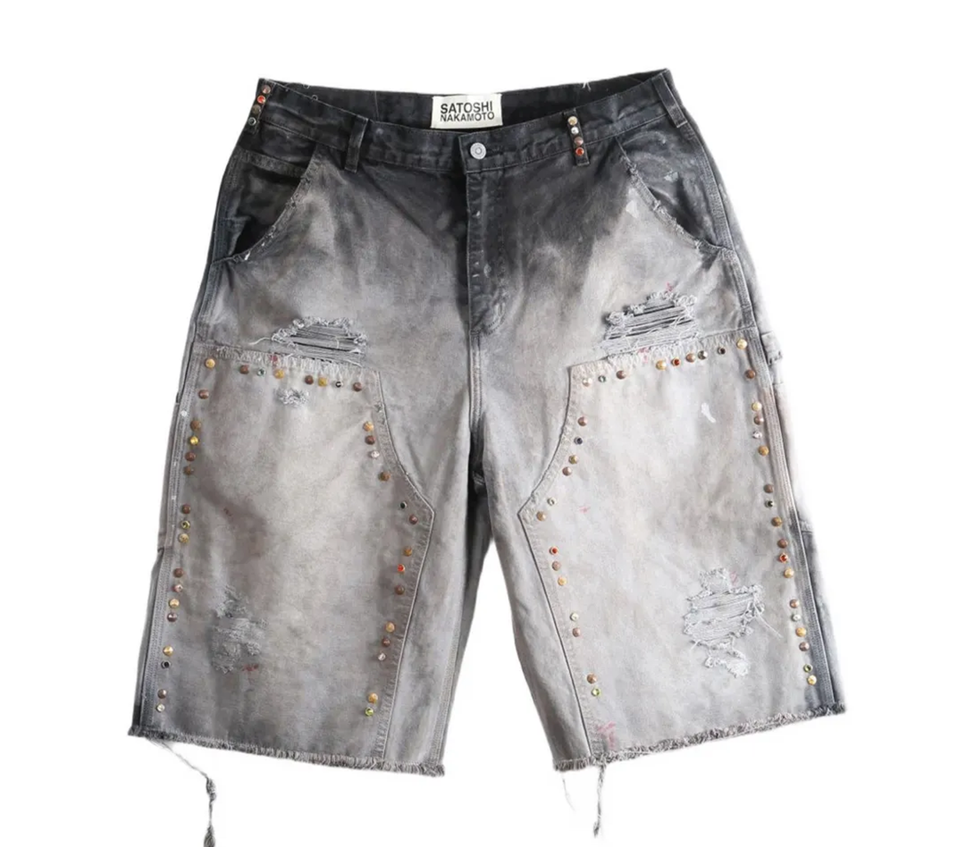 Satoshi Nakamoto 'Danny's' Carpenter Stud-Embellished Distressed Shorts (Black)