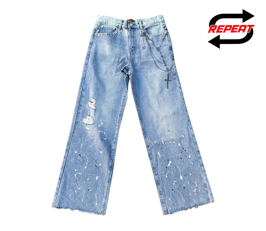 Birth Of Royal Child 'Printed Cross Chains' Washed Denim