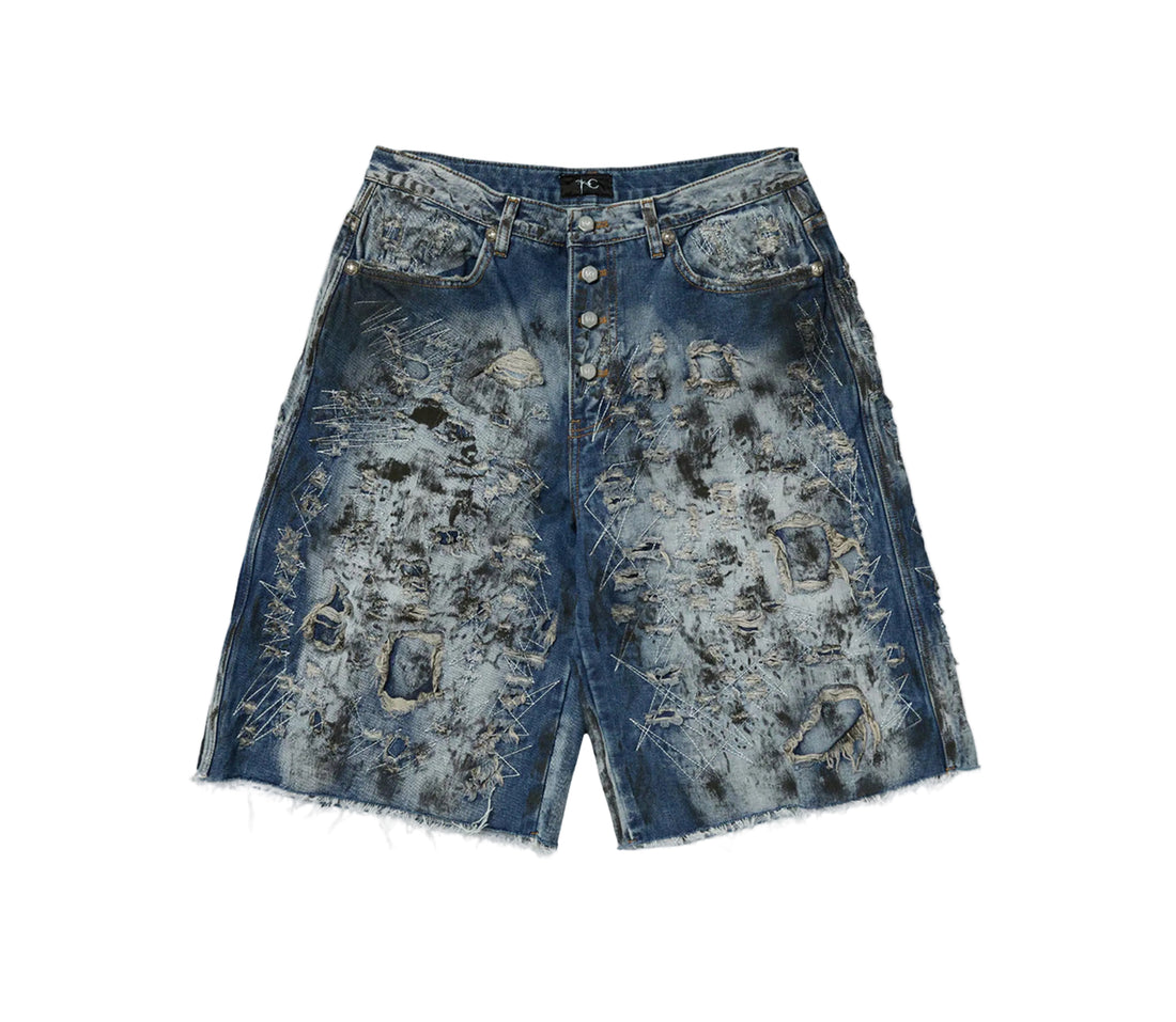 Thug Club Hard Washed Destroyed Denim Shorts (Blue)