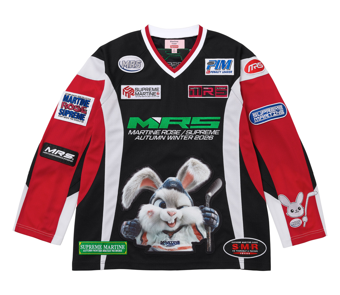 Supreme x Martine Rose hockey jersey in black with red sleeves, front view